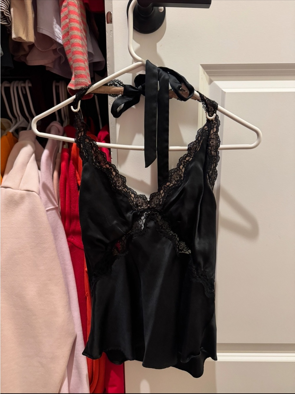 Reformation Black Satin Lace-Trim Halter Camisole